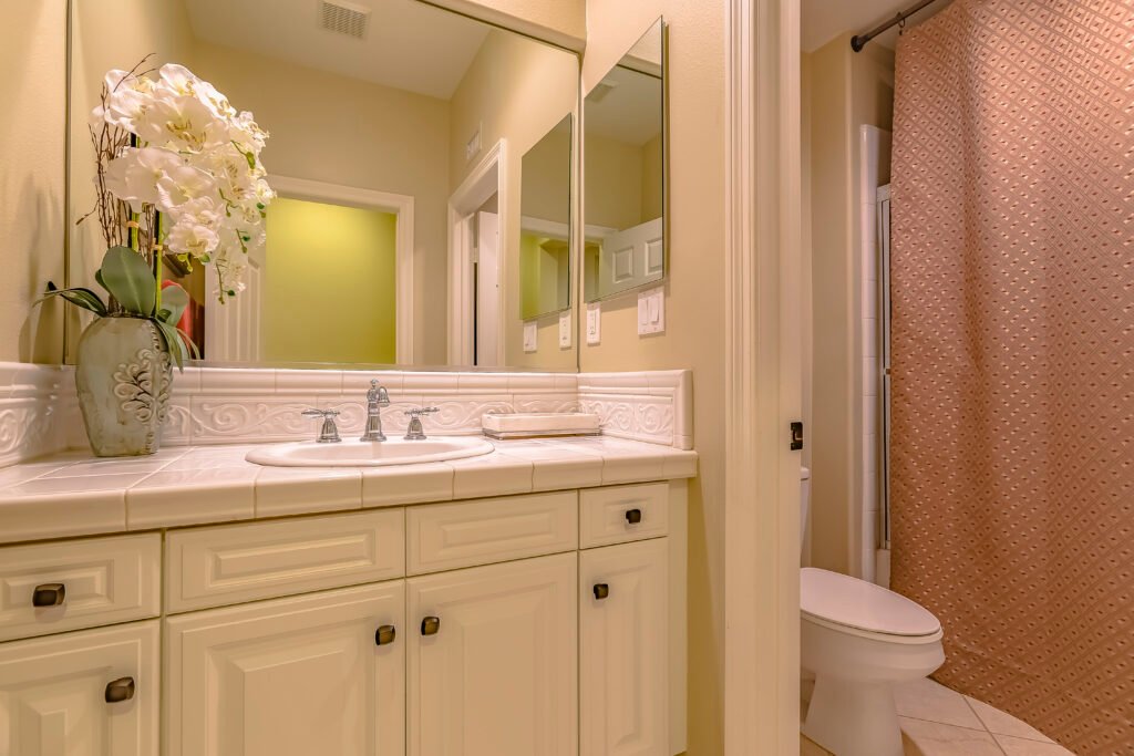Reed panelled double vanity in bathroom