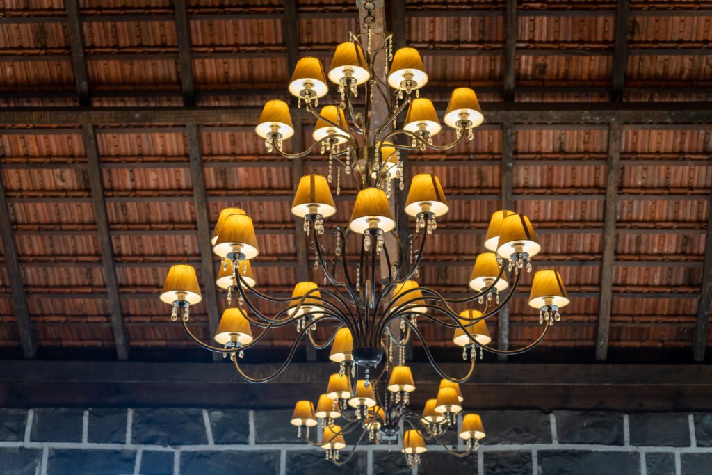 Wood and copper chandelier