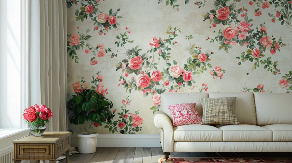 floral wallpaper in living room