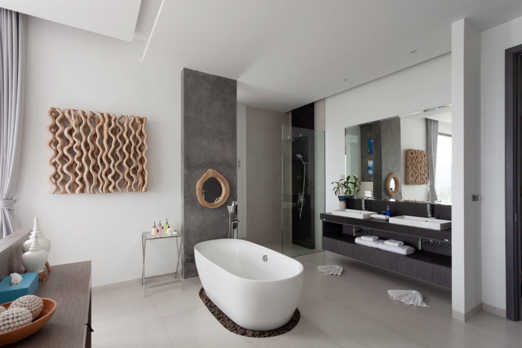 spa like bathroom design with storage 