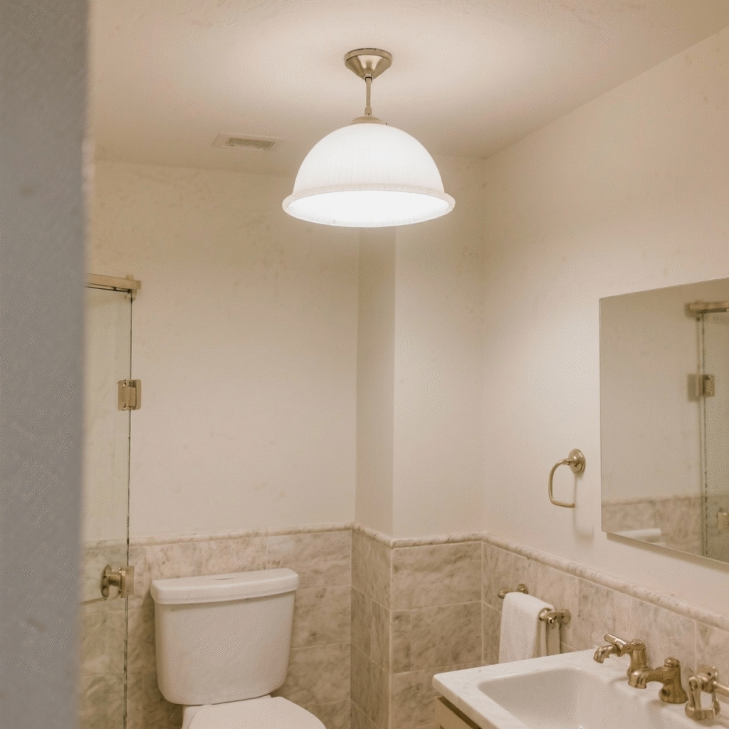 single overhead light source in bathroom