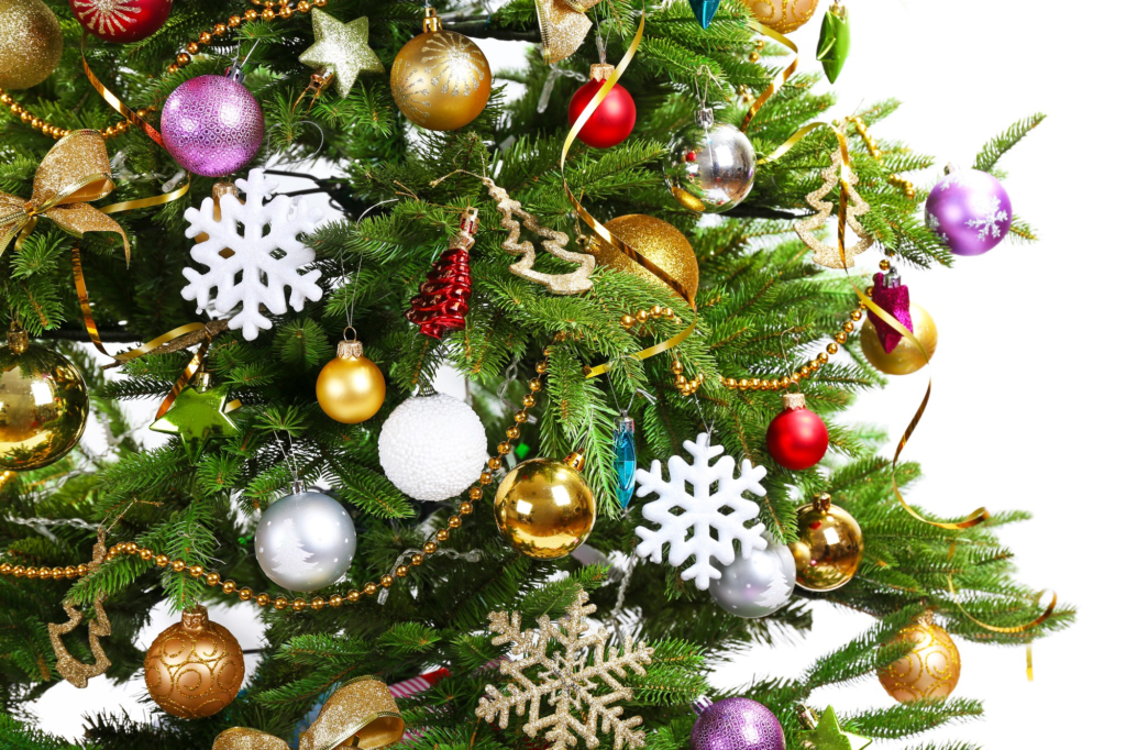 christmas tree ribbons, fake snow, tinsel