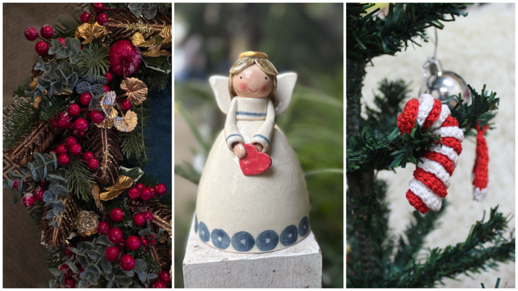  A floral wreath by Little Flower, a clay angel at Curiocity By Lidwin, and an ornament at The Thread Way