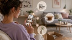 Young woman browsing furniture on her phone before making a purchase.