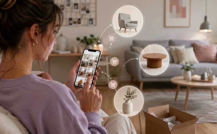 Young woman browsing furniture on her phone before making a purchase.