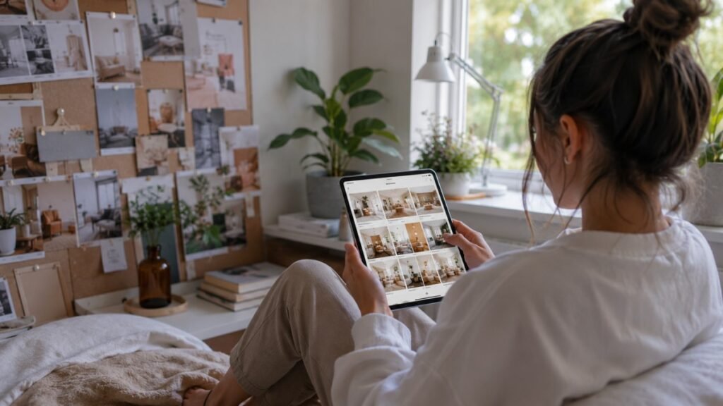 Young woman browsing home design ideas on a tablet in a cozy room.