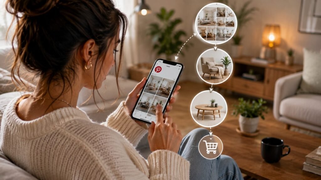 Young woman browsing Pinterest for furniture inspiration before buying.