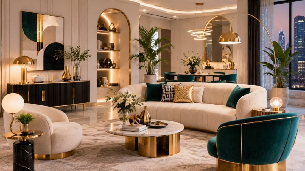 Luxury modern living room with elegant furniture and warm lighting.