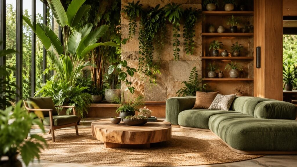 Modern living room with abundant indoor plants and natural light.