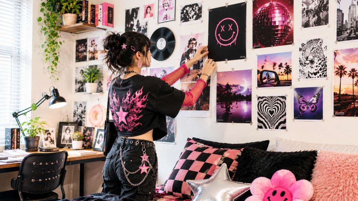Gen Z decorating a colorful wall with posters in a stylish bedroom.