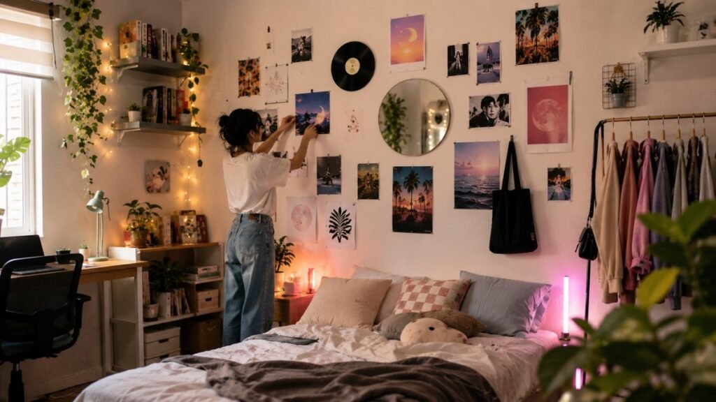 Gen Z decorating a personalized wall with photos and art in a cozy, stylish bedroom.