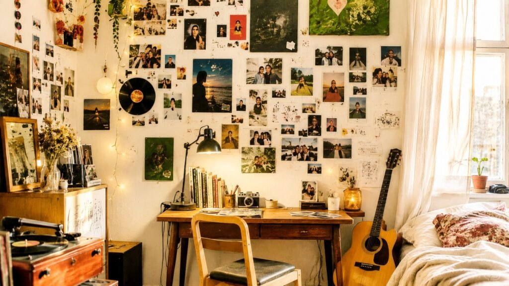 A bright, cozy room with a photo wall, wooden desk, guitar, and warm sunlight.