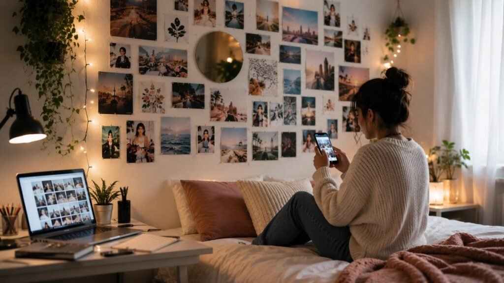Gen Z using a smartphone to create a personalized gallery wall in a cozy bedroom.