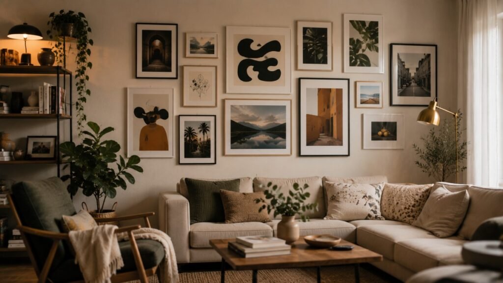 Cozy modern living room with a stylish gallery wall.