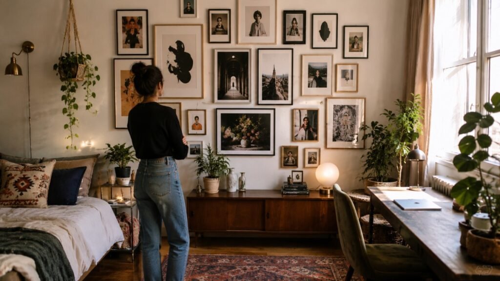 A cozy room with a stylish gallery wall, plants, and warm sunlight.