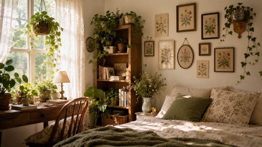 Cozy cottagecore bedroom filled with plants, floral wall art, and natural light.