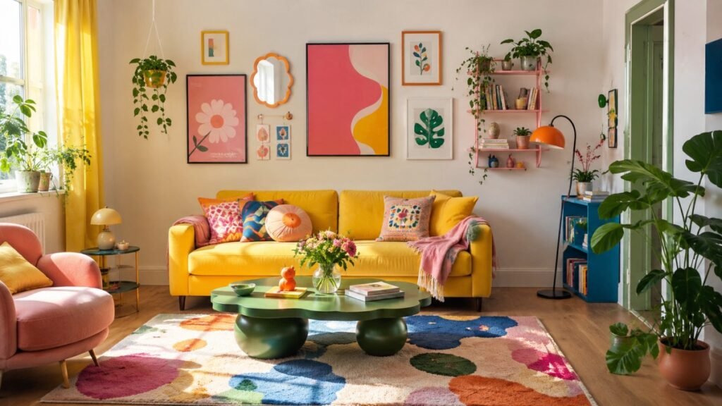 Bright, colorful living room with a yellow sofa, vibrant décor, plants, and natural light.