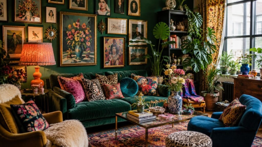 Colorful maximalist living room with bold art, vibrant décor, and layered textures.