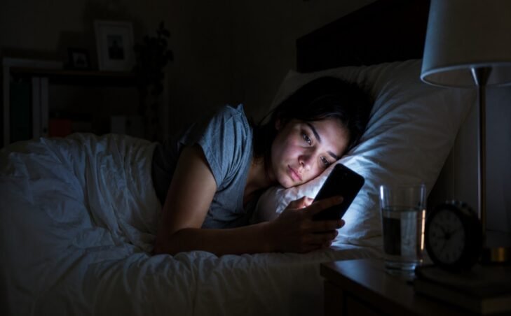 Woman using a phone in bed at night.