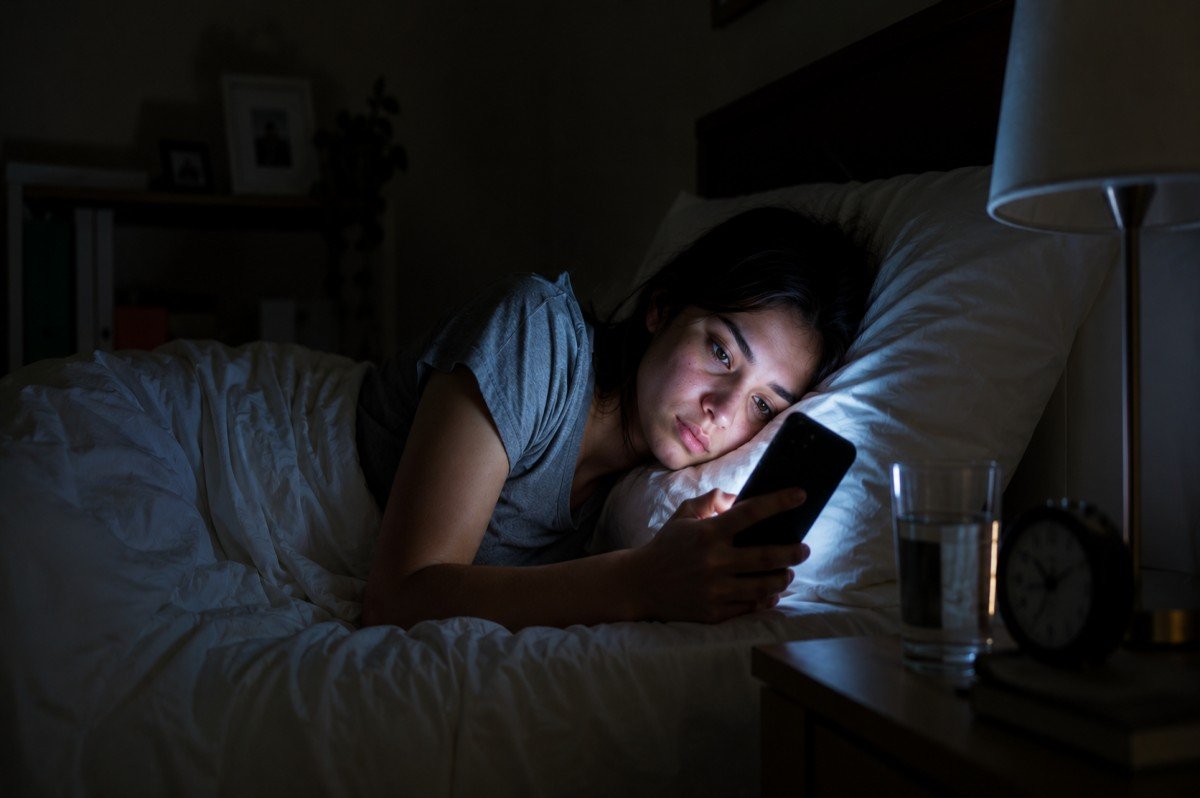 Woman using a phone in bed at night.