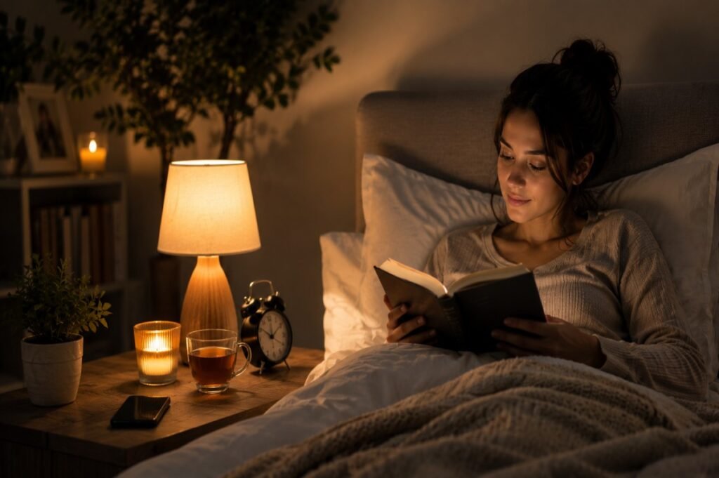 Person reading a book in bed at night.
