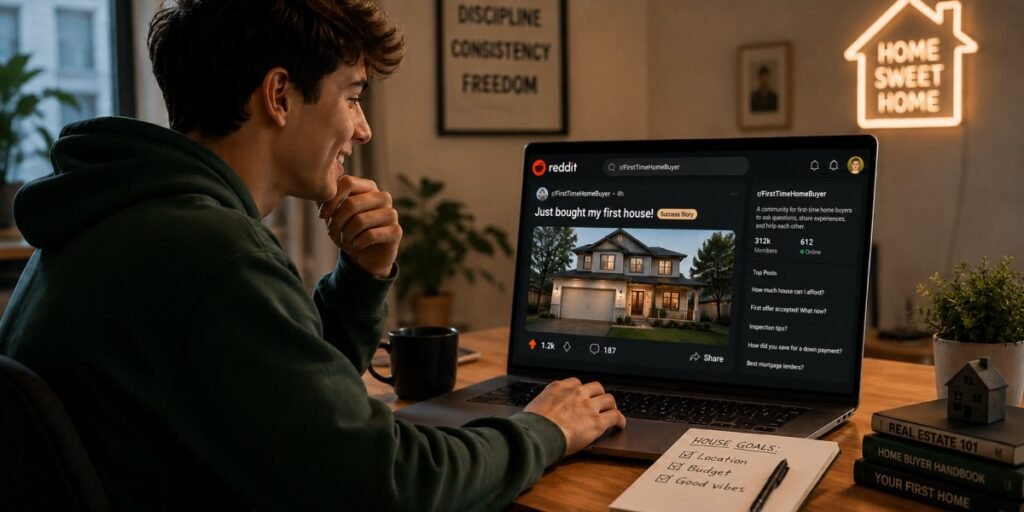 Young homebuyer browsing Reddit for home-buying advice.