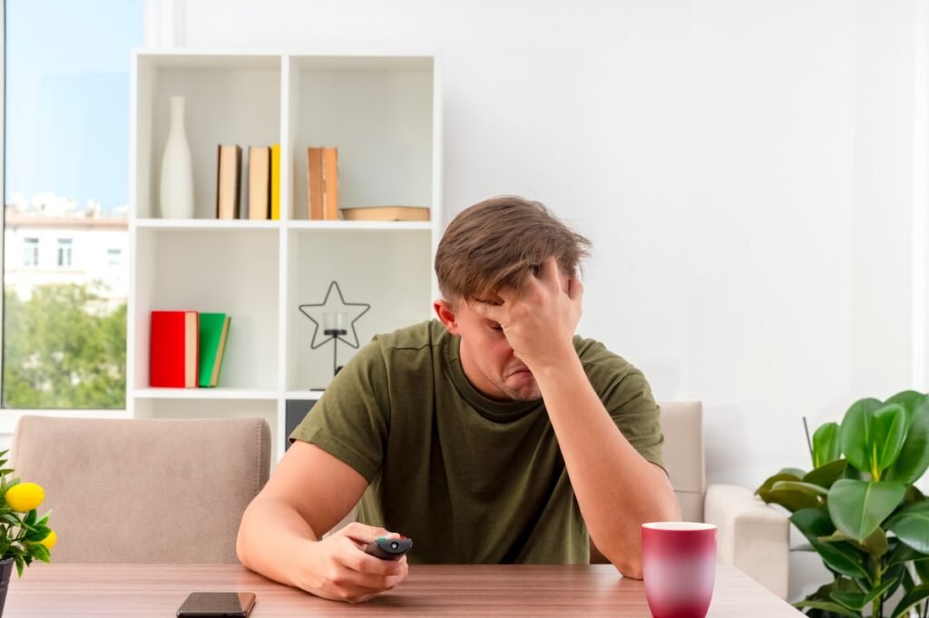 Frustrated person holding a TV remote.