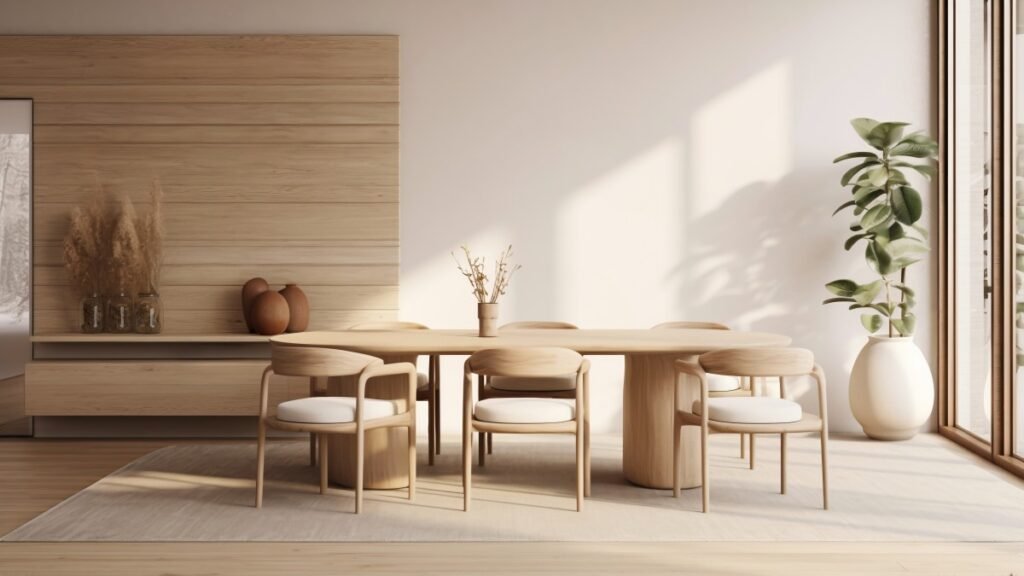 Minimalist wooden dining room with natural light.