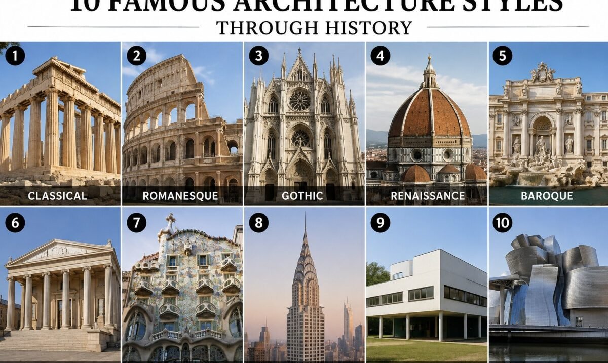 Collage of 10 famous architecture styles throughout history.