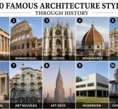 Collage of 10 famous architecture styles throughout history.