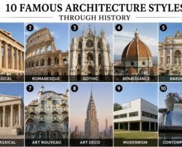 Collage of 10 famous architecture styles throughout history.