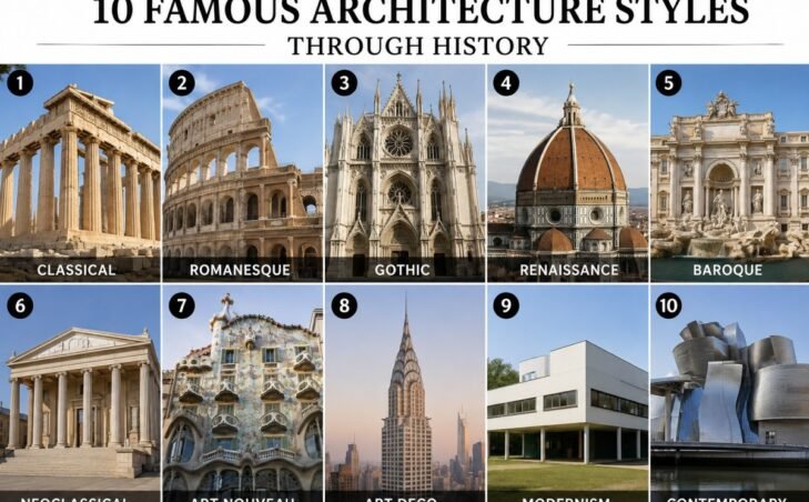 Collage of 10 famous architecture styles throughout history.