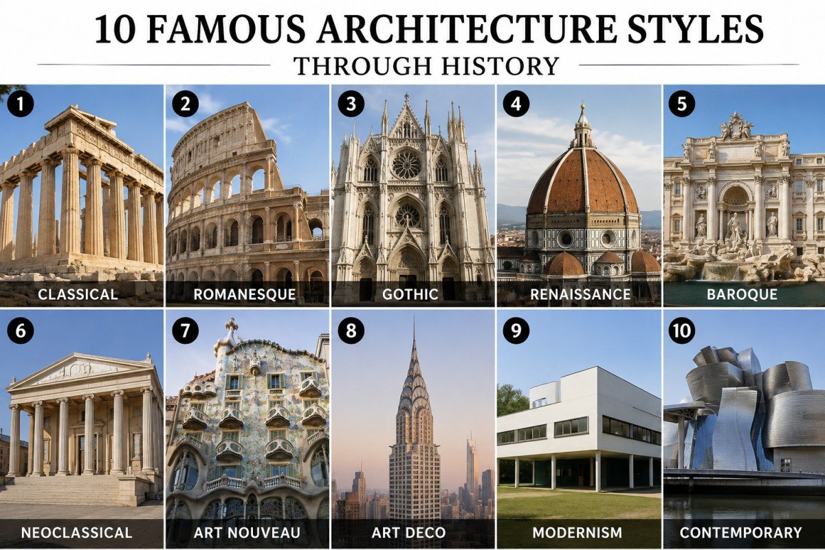 Collage of 10 famous architecture styles throughout history.
