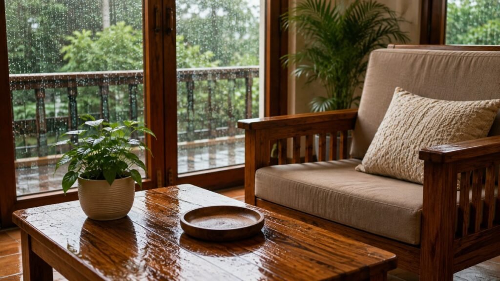 Wooden furniture in a cozy room during the rainy season.