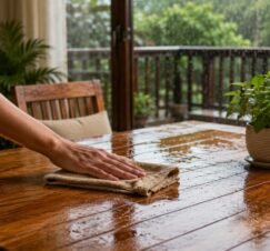 Person wiping a wet wooden table during the rainy season.