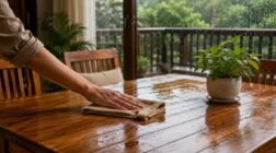 Person wiping a wet wooden table during the rainy season.