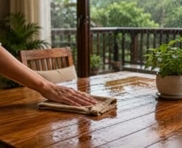 Person wiping a wet wooden table during the rainy season.