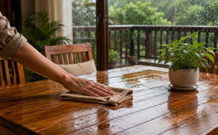 Person wiping a wet wooden table during the rainy season.