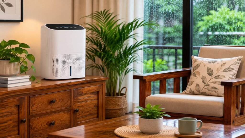 Dehumidifier in a cozy room with wooden furniture during rain.
