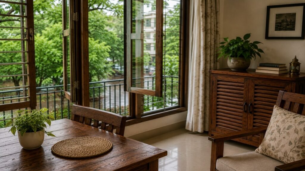 Open windows in a room with wooden furniture and indoor plants.