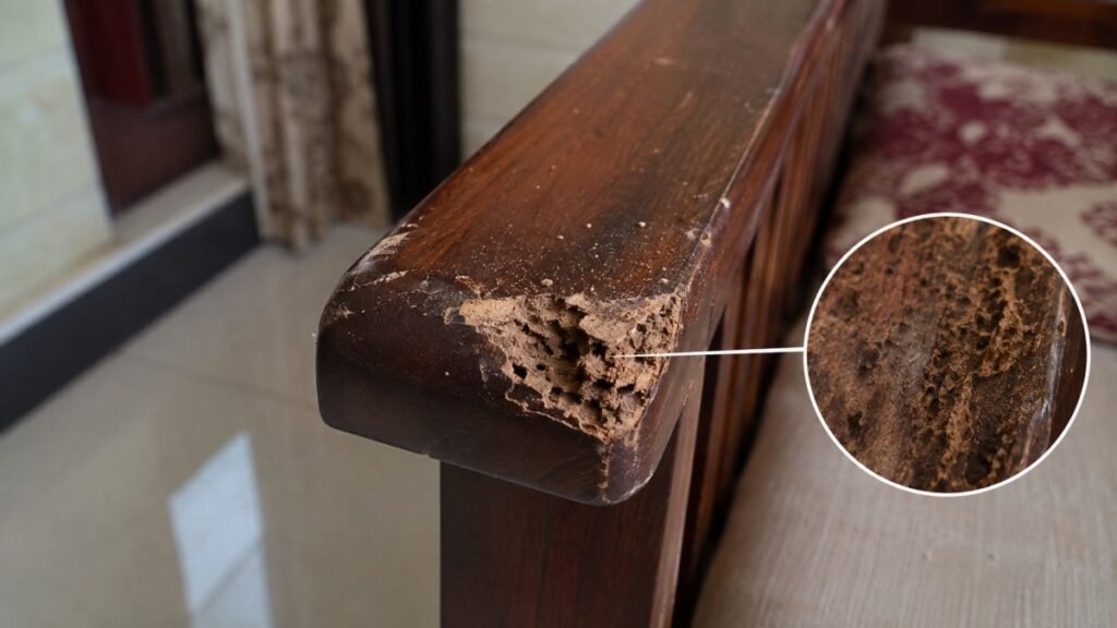 Damaged wooden furniture showing signs of wood rot and decay.