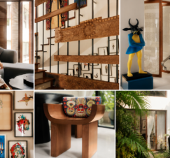 Anamika Khanna-inspired Indian fashion designer’s home interior featuring traditional artwork, handcrafted wooden décor, sculptures, and lush greenery.