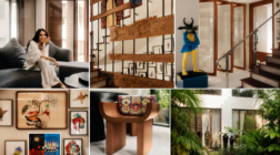 Anamika Khanna-inspired Indian fashion designer’s home interior featuring traditional artwork, handcrafted wooden décor, sculptures, and lush greenery.