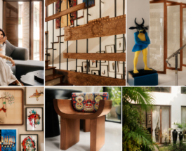 Anamika Khanna-inspired Indian fashion designer’s home interior featuring traditional artwork, handcrafted wooden décor, sculptures, and lush greenery.