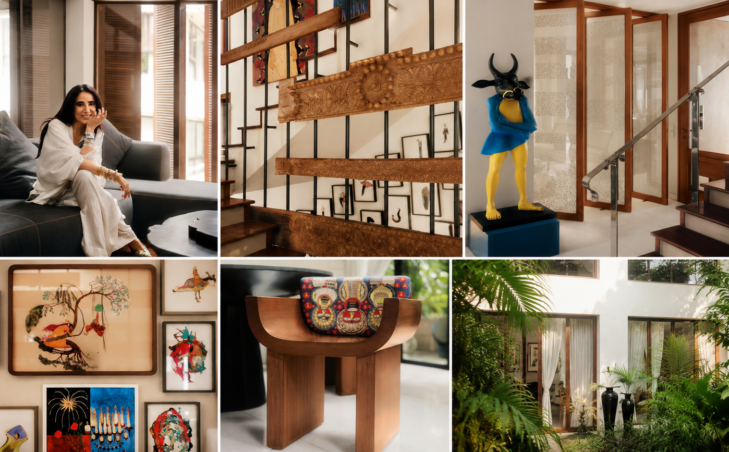 Anamika Khanna-inspired Indian fashion designer’s home interior featuring traditional artwork, handcrafted wooden décor, sculptures, and lush greenery.