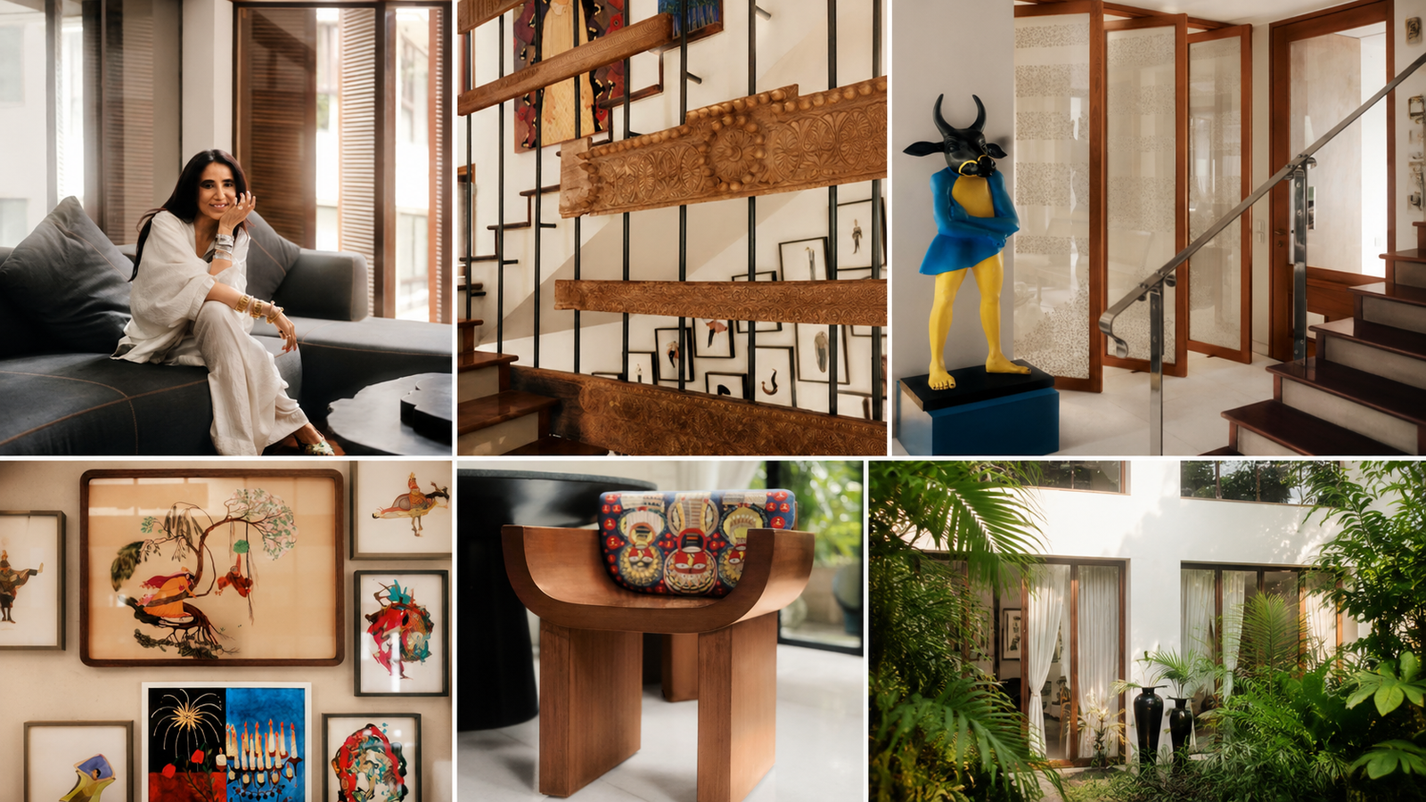 Anamika Khanna-inspired Indian fashion designer’s home interior featuring traditional artwork, handcrafted wooden décor, sculptures, and lush greenery.