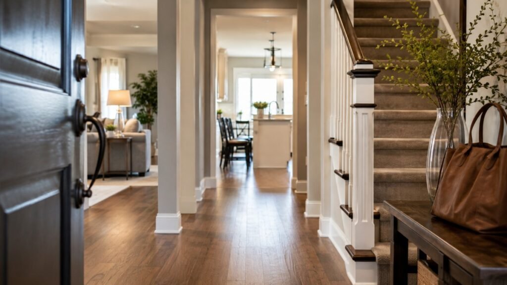 Bright home entryway with hardwood floors, carpeted staircase, and modern interior décor.