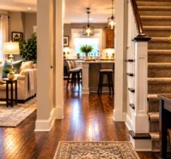 Welcoming home entryway with hardwood floors, carpeted staircase, and cozy living room.