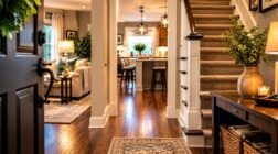 Welcoming home entryway with hardwood floors, carpeted staircase, and cozy living room.