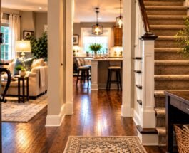 Welcoming home entryway with hardwood floors, carpeted staircase, and cozy living room.